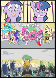 Size: 697x967 | Tagged: safe, artist:metal-kitty, derpibooru import, applejack, big macintosh, fluttershy, pinkie pie, rainbow dash, rarity, spike, twilight sparkle, twilight sparkle (alicorn), alicorn, dragon, earth pony, pegasus, pony, robot, unicorn, comic, crossover, demo jack, demoman, engie pie, engineer, female, heavy, heavy mac, mane six, mann vs machine, mare, medic, pyro, rainbow scout, rarispy, scout, sniper, snipershy, spike pyro, spy, team fortress 2, twi medic