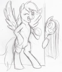 Size: 1928x2224 | Tagged: safe, artist:enigmaticfrustration, derpibooru import, pinkie pie, rainbow dash, earth pony, pegasus, pony, bipedal, monochrome, pinkamena diane pie, this will end in death, traditional art, wink