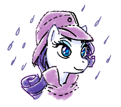 Size: 450x400 | Tagged: safe, artist:snelahestar, rarity, pony, unicorn, rain, raincoat, rainhat, solo