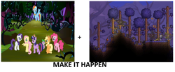 Size: 1120x462 | Tagged: safe, derpibooru import, applejack, fluttershy, pinkie pie, rainbow dash, rarity, twilight sparkle, twilight sparkle (alicorn), alicorn, earth pony, pegasus, pony, unicorn, everfree forest, exploitable meme, female, make it happen, mane six, mare, meme, terraria