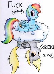 Size: 2458x3385 | Tagged: safe, artist:coffytacotuesday, artist:otakuap edit, derpibooru import, derpy hooves, rainbow dash, pegasus, pony, cloud, fuck physics, high res, prone, traditional art, upside down, vulgar