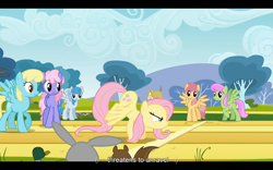 Size: 1024x640 | Tagged: safe, screencap, dizzy twister, fluttershy, lightning bolt, merry may, orange swirl, rainbowshine, sassaflash, white lightning, duck, pegasus, pony, rabbit, squirrel, hurricane fluttershy, female, mare, youtube caption