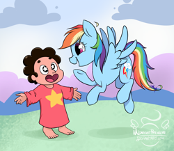 Size: 1150x1000 | Tagged: safe, artist:midnightpremiere, derpibooru import, rainbow dash, human, pegasus, pony, clothes, cloud, crossover, cute, female, flying, looking at each other, mare, open mouth, oversized clothes, sky, smiling, starry eyes, steven quartz universe, steven universe, wingding eyes, younger