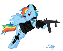 Size: 1230x997 | Tagged: safe, artist:dippywerewolf, rainbow dash, pegasus, pony, clothes, crossover, gun, rocket (sucker punch), solo, sucker punch, weapon