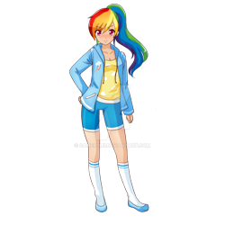 Size: 1024x1024 | Tagged: dead source, safe, artist:gamerdiji, derpibooru import, rainbow dash, human, clothes, humanized, ponytail, socks, solo, watermark