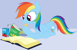 Size: 772x509 | Tagged: safe, artist:hyolark, rainbow dash, pegasus, pony, apple juice, book, eating, ms paint, reading, snacks, solo