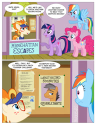 Size: 984x1280 | Tagged: safe, artist:kturtle, derpibooru import, pinkie pie, quibble pants, rainbow dash, twilight sparkle, twilight sparkle (alicorn), alicorn, earth pony, pegasus, pony, all bottled up, comic, dave the intern, dialogue, escape room, ginger locks, manehattan escapes