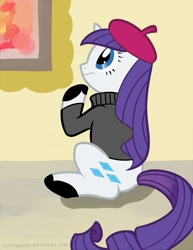 Size: 669x866 | Tagged: safe, artist:solitaryzombie, rarity, pony, unicorn, beatnik rarity, beret, clothes, hat, solo