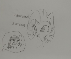 Size: 1280x1065 | Tagged: safe, artist:tjpones, derpibooru import, rainbow dash, rarity, pegasus, pony, unicorn, blushing, feather, female, gasp, grayscale, lewd, lineart, mare, monochrome, offscreen character, open mouth, raised eyebrow, shocked, smiling, smirk, spread wings, traditional art, wide eyes, wingboner, wings
