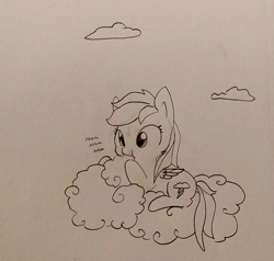 Size: 1280x1219 | Tagged: safe, artist:tjpones, derpibooru import, rainbow dash, pegasus, pony, black and white, cloud, eating, grayscale, lineart, monochrome, nom, sitting on cloud, sketch, solo, traditional art