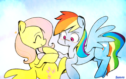 Size: 1280x800 | Tagged: safe, artist:gmrqor, fluttershy, rainbow dash, pegasus, pony, blushing, female, mare, wings