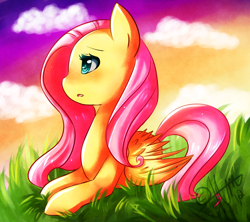 Size: 990x880 | Tagged: safe, artist:nayobe, fluttershy, pegasus, pony, cloud, colored pupils, cute, female, looking away, mare, open mouth, outdoors, profile, prone, shyabetes, signature, solo, wings