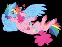 Size: 768x590 | Tagged: safe, artist:wanderingpegasus, derpibooru import, bubble berry, pinkie pie, rainbow blitz, rainbow dash, earth pony, pegasus, pony, black background, bubbleblitz, cuddling, gay, heart, male, on back, rule 63, shipping, simple background, stallion