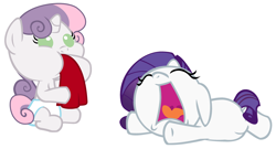 Size: 4000x2160 | Tagged: safe, artist:beavernator, rarity, sweetie belle, pony, unicorn, babity, baby, baby belle, baby pony, diaper, fabric, filly, foal