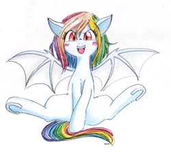 Size: 900x800 | Tagged: dead source, safe, artist:unousaya, rainbow dash, bat pony, pony, bat ponified, cute, dashabetes, female, mare, open mouth, rainbowbat, simple background, solo, traditional art, underhoof, white background