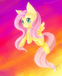 Size: 1050x1300 | Tagged: safe, artist:nayobe, fluttershy, pegasus, pony, female, flying, mare, smiling, solo, spread wings, three quarter view, wings