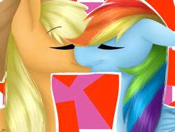 Size: 1024x768 | Tagged: safe, artist:sunshinefiddle, derpibooru import, applejack, rainbow dash, earth pony, pegasus, pony, abstract background, appledash, eyes closed, female, kissing, lesbian, mare, shipping