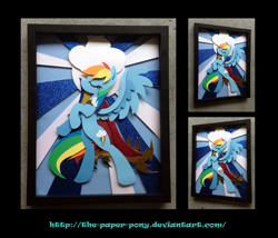 Size: 1325x1132 | Tagged: safe, artist:the-paper-pony, rainbow dash, pegasus, pony, cape, clothes, craft, eyes closed, rearing, shadowbox, solo