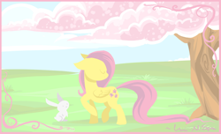 Size: 2620x1589 | Tagged: safe, artist:busoni, angel bunny, fluttershy, pegasus, pony, duo, eyes closed, female, floppy ears, folded wings, head turn, mare, outdoors, raised hoof, raised leg, standing, tree, vignette, wings