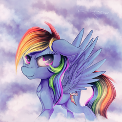 Size: 3000x3000 | Tagged: safe, artist:ferasor, derpibooru import, rainbow dash, pegasus, pony, cloud, female, floppy ears, mare, multicolored hair, smiling, solo