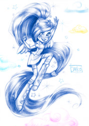 Size: 800x1131 | Tagged: safe, artist:darkodordevic, derpibooru import, rainbow dash, equestria girls, cloud, monochrome, ponied up, smiling, solo, traditional art, waving