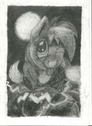 Size: 762x1048 | Tagged: safe, artist:age3rcm, rainbow dash, pegasus, pony, clothes, cloud, coal, moon, night, shadowbolt dash, shadowbolts costume, solo, tongue out, traditional art, wink