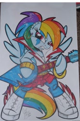 Size: 1423x2145 | Tagged: safe, artist:ponygoddess, rainbow dash, pegasus, pony, semi-anthro, boots, earring, guitar, photo, rock, solo