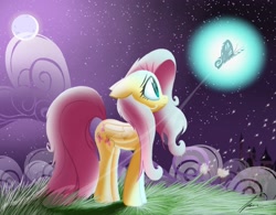 Size: 2492x1945 | Tagged: safe, artist:twintailsinc, fluttershy, butterfly, pegasus, pony, female, mare, night