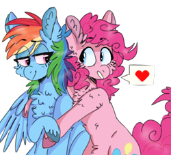 Size: 768x696 | Tagged: safe, artist:wanderingpegasus, derpibooru import, pinkie pie, rainbow dash, earth pony, pegasus, pony, blushing, chest fluff, ear fluff, female, heart, hug, hug from behind, lesbian, pinkiedash, shipping, simple background, smiling, transparent background, unshorn fetlocks