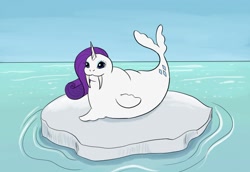 Size: 1280x881 | Tagged: artist needed, safe, rarity, walrus, :3, horn, ice, smiling, solo, species swap, water