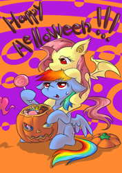 Size: 2480x3507 | Tagged: safe, artist:yuzhou, fluttershy, rainbow dash, pegasus, pony, candy, engrish, floppy ears, flutterbat, halloween, nightmare night, pixiv