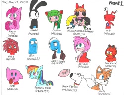 Size: 2224x1696 | Tagged: safe, artist:cmara, derpibooru import, pinkie pie, rainbow dash, earth pony, pony, amy rose, bloo (foster's), blossom (powerpuff girls), brian griffin, bubbles (powerpuff girls), buttercup (powerpuff girls), cosmo the seedrian, crossover, disney, family guy, flaky, foster's home for imaginary friends, garfield, happy tree friends, kirby, kirby (character), miles "tails" prower, nintendo, osmosis jones, oswald the lucky rabbit, sonic the hedgehog (series), stewie griffin, the powerpuff girls, traditional art, wilt (foster's home for imaginary friends)