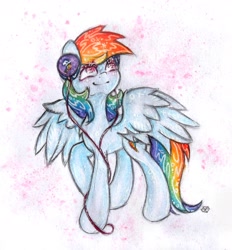 Size: 2640x2850 | Tagged: safe, artist:catseye-view, rainbow dash, pegasus, pony, blue coat, female, headphones, mare, multicolored mane, solo, traditional art