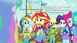 Size: 1280x720 | Tagged: safe, derpibooru import, edit, edited screencap, screencap, applejack, pinkie pie, princess celestia, principal celestia, rainbow dash, rarity, sunset shimmer, comic:a new change, equestria girls, friendship games, fanfic, pregnant, pregnant edit, teen pregnancy