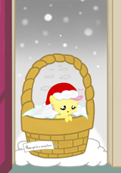 Size: 1200x1700 | Tagged: safe, artist:staticwave12, fluttershy, pegasus, pony, abandoned, baby, baby pony, babyshy, basket, bronybait, filly, foal, hat, neglect, pony in a basket, santa hat, solo, winter