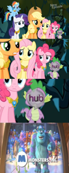 Size: 500x1253 | Tagged: safe, derpibooru import, applejack, fluttershy, pinkie pie, rainbow dash, rarity, spike, dragon, earth pony, pegasus, pony, unicorn, princess twilight sparkle (episode), season 4, elements of harmony, hub logo, mike wazowski, monsters inc., spikeabuse, spoiler, sully, the hub