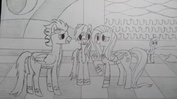 Size: 1024x576 | Tagged: safe, artist:cejt, derpibooru import, fluttershy, rainbow dash, soarin', pegasus, pony, drawing, female, male, meeting, shipping, soarinshy, straight, traditional art