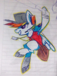 Size: 720x960 | Tagged: safe, artist:wafflemilu, rainbow dash, pegasus, pony, crossover, hat, jumping, lined paper, scout, solo, team fortress 2, traditional art