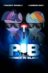 Size: 800x1200 | Tagged: safe, artist:dan232323, rainbow dash, twilight sparkle, pegasus, pony, men in black, movie poster, neuralizer, parody, poster, sunglasses