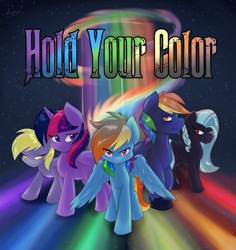 Size: 845x896 | Tagged: safe, artist:ambris, derpy hooves, rainbow blaze, rainbow dash, twilight sparkle, twilight sparkle (alicorn), alicorn, pegasus, pony, cover art, fanfic art, fanfic cover, female, mare, rainbow