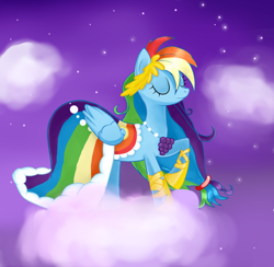 Size: 900x880 | Tagged: safe, artist:xxnikkiangelxx, rainbow dash, pegasus, pony, the best night ever, clothes, cloud, cloudy, dress, eyes closed, gala dress, night, solo, stars