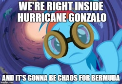 Size: 490x339 | Tagged: safe, edit, edited screencap, screencap, rainbow dash, pegasus, pony, hurricane fluttershy, cropped, forced meme, goggles, hurricane gonzalo, meme, solo focus