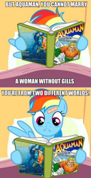 Size: 500x978 | Tagged: safe, rainbow dash, pegasus, pony, aquaman, black manta, image macro, meme, reading, the simpsons