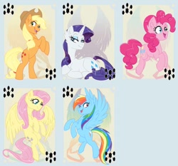 Size: 1116x1038 | Tagged: safe, artist:sky-railroad, derpibooru import, applejack, fluttershy, pinkie pie, rainbow dash, rarity, earth pony, pegasus, pony, unicorn, game, prance card game