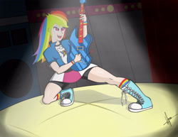 Size: 3300x2550 | Tagged: safe, artist:kifshestand44, derpibooru import, rainbow dash, equestria girls, rainbow rocks, awesome as i want to be, boots, bracelet, clothes, converse, electric guitar, guitar, human coloration, jewelry, scene interpretation, shoes, socks, solo, wristband