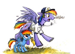 Size: 796x570 | Tagged: safe, artist:kenket, artist:spainfischer, rainbow blaze, rainbow dash, pegasus, pony, canterlot high, canterlot high blog, censored vulgarity, clothes, cute, dashabetes, father and child, father and daughter, flag, grawlixes, hat, male, mouth hold, parent and child, swearing, whistle