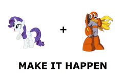 Size: 1337x796 | Tagged: safe, rarity, pony, unicorn, crossover, exploitable meme, make it happen, megaman, meme, meta, proto man