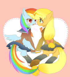 Size: 900x990 | Tagged: safe, artist:yuzuko, derpibooru import, applejack, rainbow dash, earth pony, pegasus, pony, appledash, bow, clothes, female, lesbian, miniskirt, pixiv, pleated skirt, pocky, pocky game, school uniform, shipping, skirt, socks