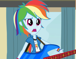 Size: 948x733 | Tagged: safe, edit, edited screencap, screencap, rainbow dash, equestria girls, rainbow rocks, alternate hairstyle, curtains, frown, guitar, open mouth, short hair, solo