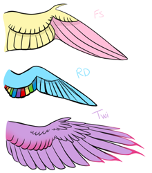 Size: 1280x1452 | Tagged: safe, artist:jellybeanbullet, derpibooru import, fluttershy, rainbow dash, twilight sparkle, twilight sparkle (alicorn), alicorn, pegasus, pony, chart, colored wings, colored wingtips, comparison, simple background, white background, wing claws, wing types, wings